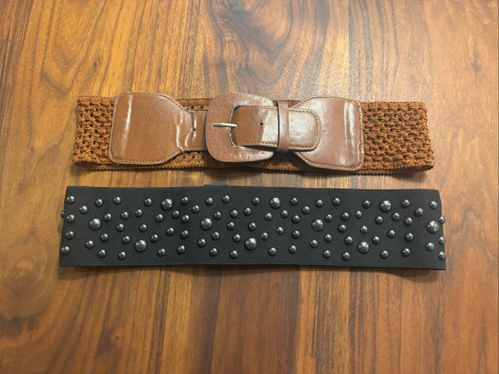 Lot of 2 Womens Black Brown Leather Woven Studded Wide Elastic Belt Small/Medium